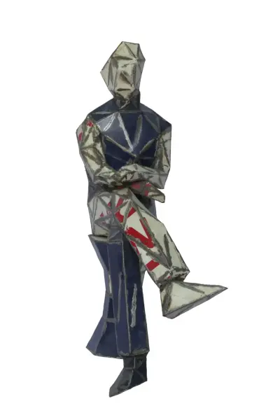Product image 2 of the product “Seated Man on stool, 140cm height, sculpture from upcyceled oil barrel. ”
